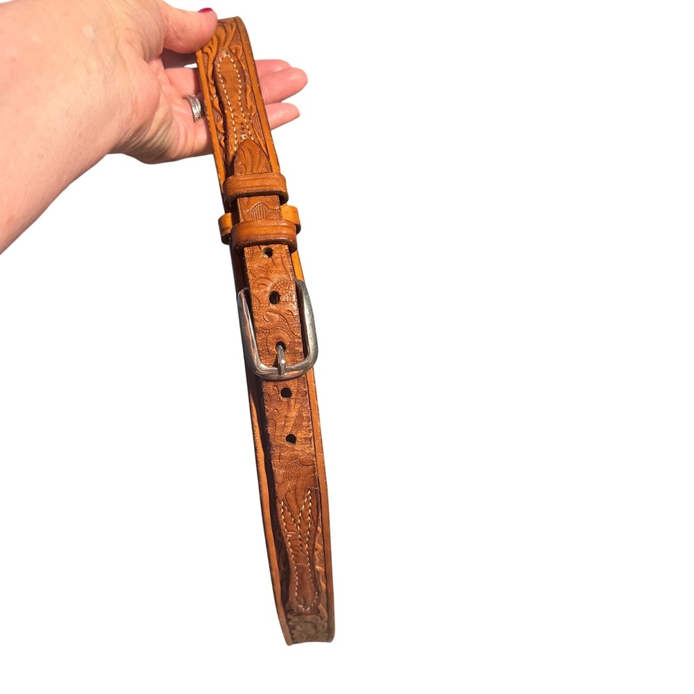 Vintage Tooled Leather Western Belt Tan Floral Embossed Buckle Womens 1" x 46"